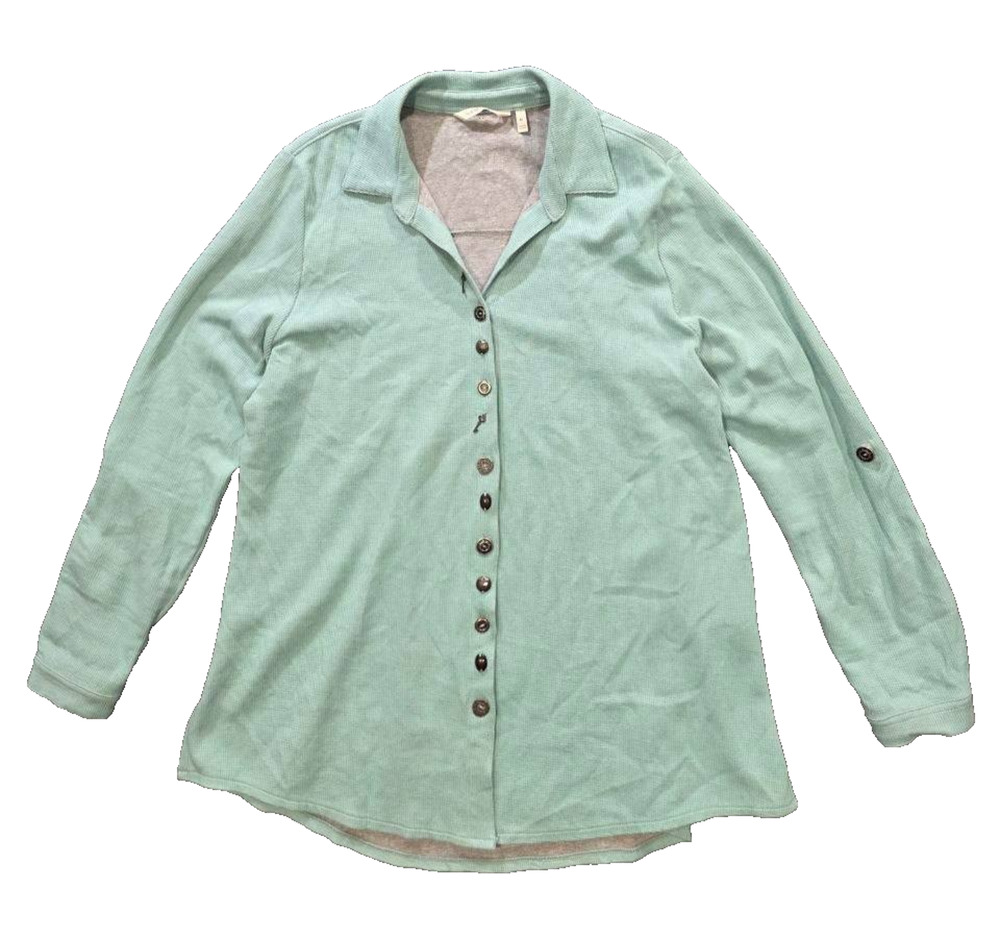 Soft Surroundings Blue Green Waffle Thermal Top Lagenlook Buttons XL A011353